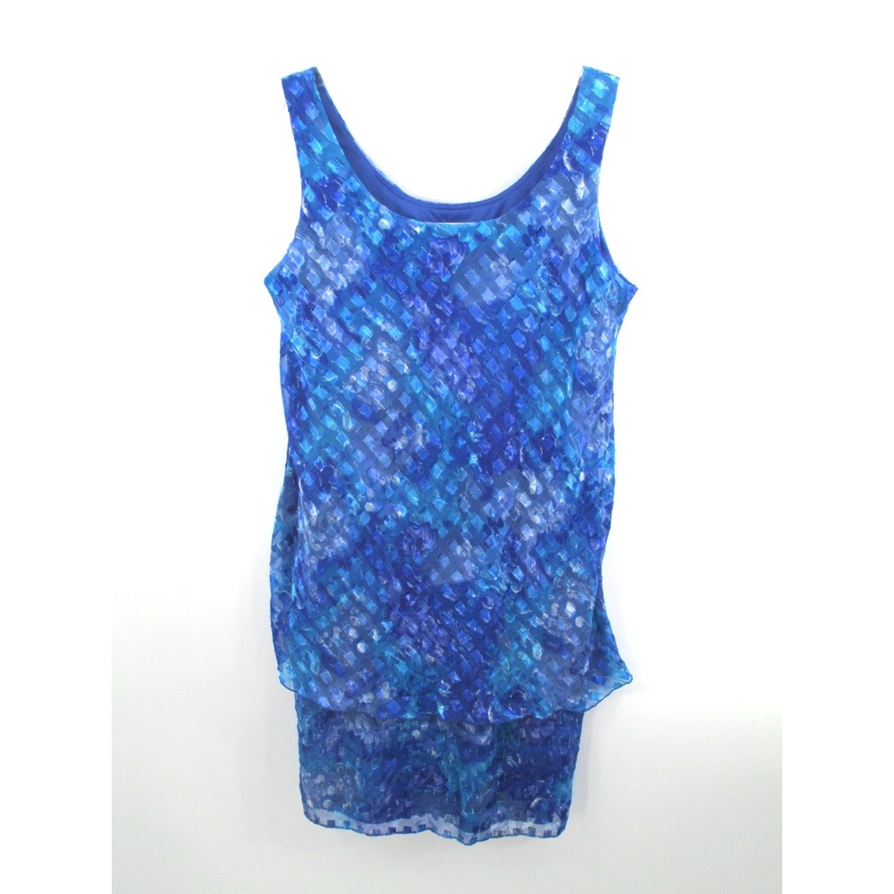 Patra Petite Women Blue Tiered Mermaid Midi Shift Dress Sleeveless Medium